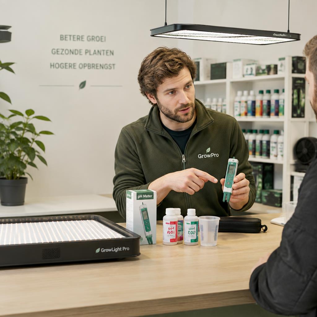 Specialist geeft advies over meetapparatuur in de winkel